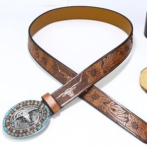 Brown Floral Embossed Belt with Silver Buckle